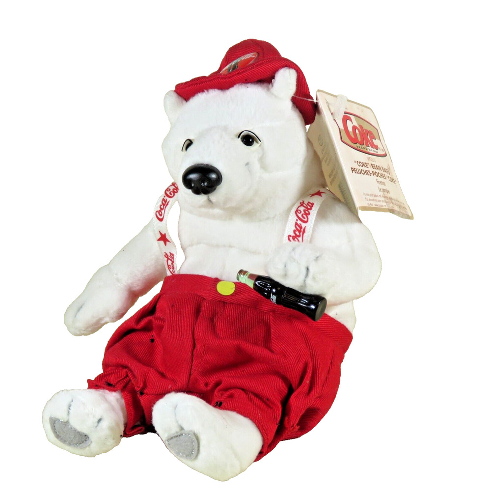 Coca-Cola Bean Bag Plush Polar Bear Fireman in Pants & Coca-Cola Hat Coke Bottle